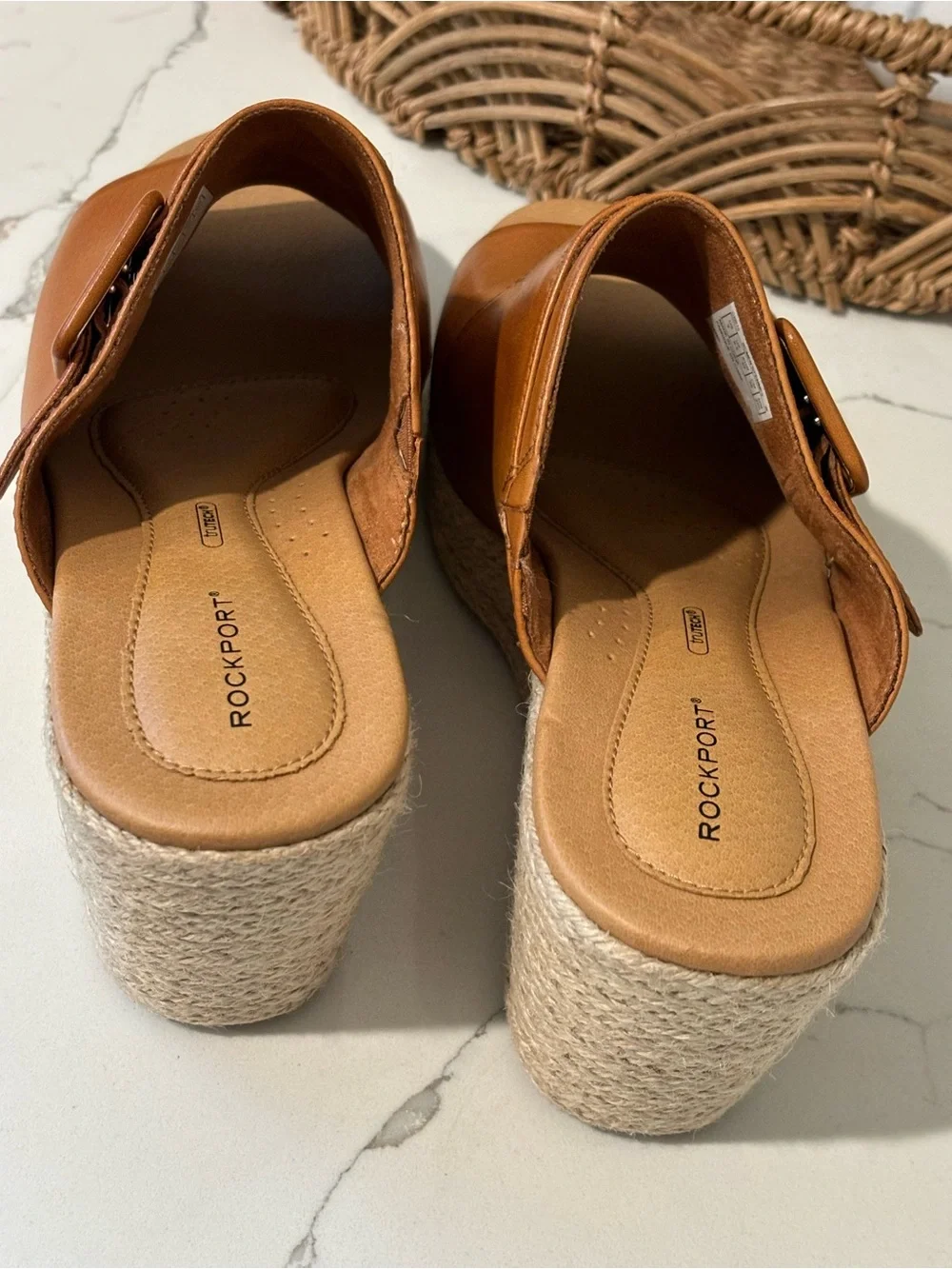 Rockport Lyla Buckle Slide Leather Wedge Sandal Woven Heel Cognac Women Size 9